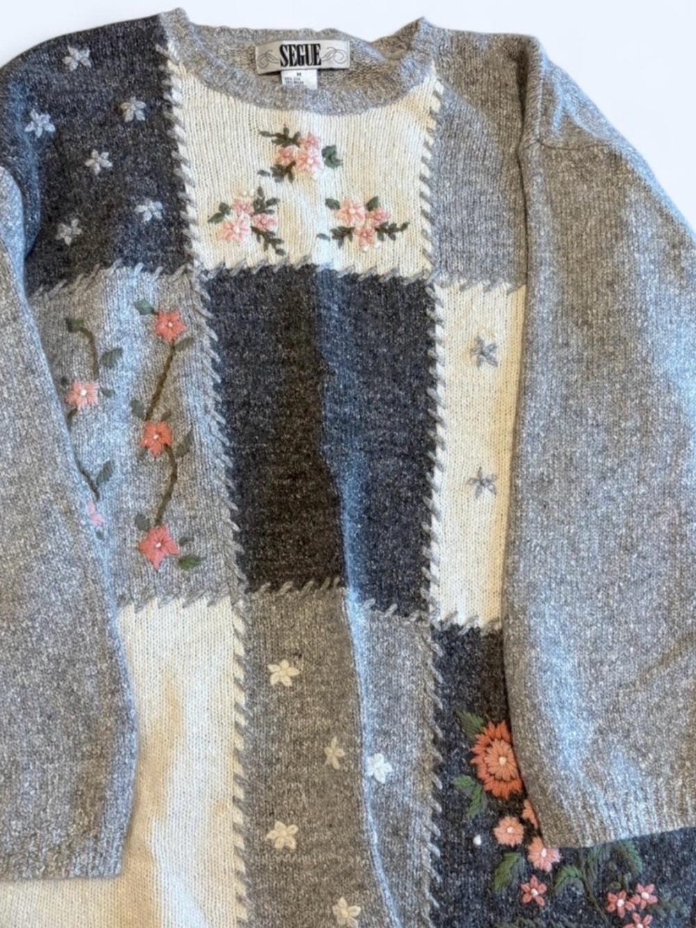 Segue Gray Patchwork Crewneck Sweater with Pink Floral Embroidery